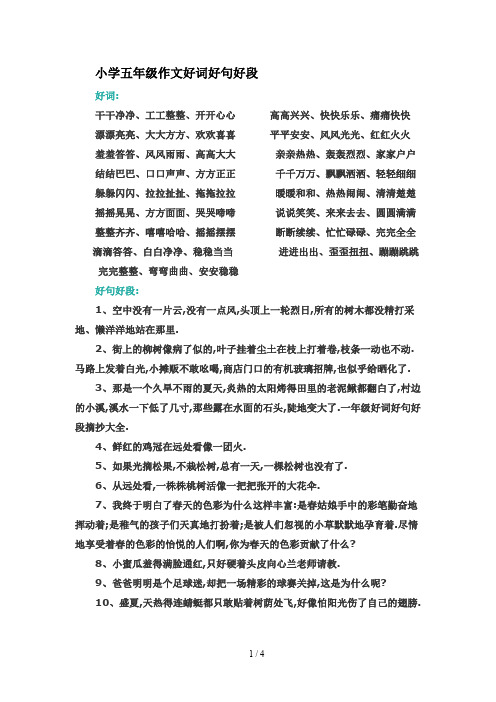 最新小学五年级作文好词好句好段