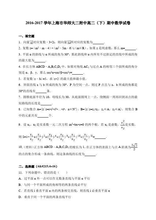 上海市华师大二附中2016-2017学年高二(下)期中数学试卷 