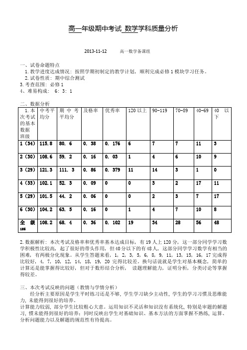 高一年级期中考试 数学学科质量分析