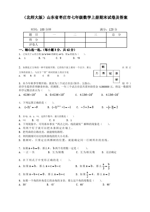 最新北师大版山东省枣庄市七年级数学上册期末试卷及答案(精选真题)
