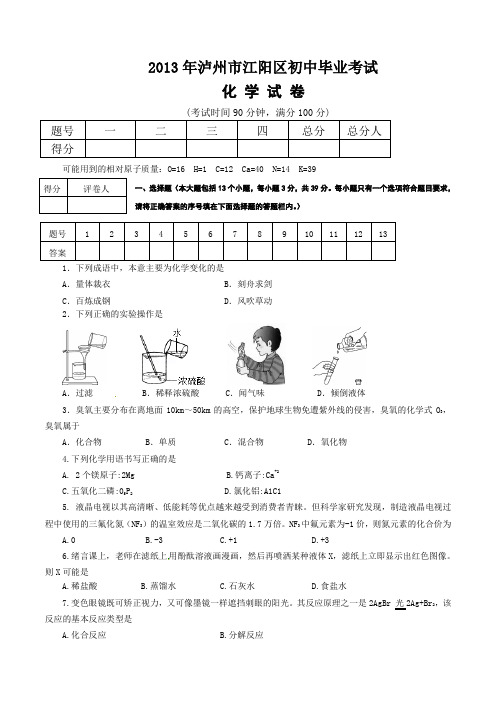 2013年泸州市中考化学试题及答案
