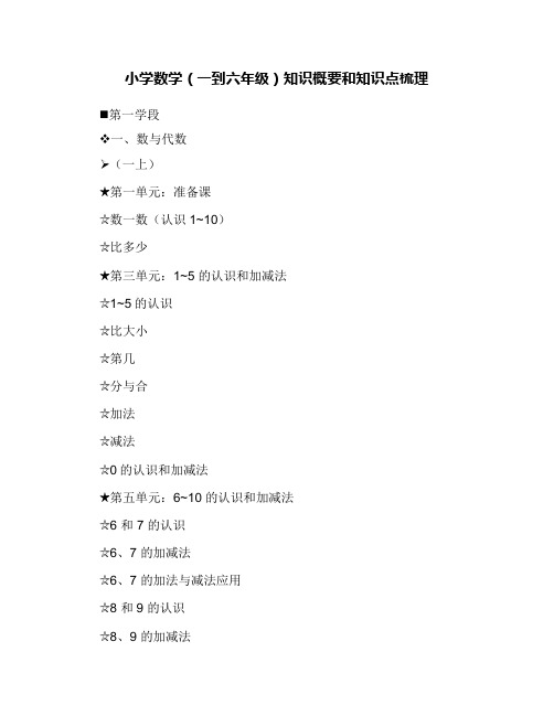 小学数学 整个小学阶段(一到六年级)知识概要和知识点梳理