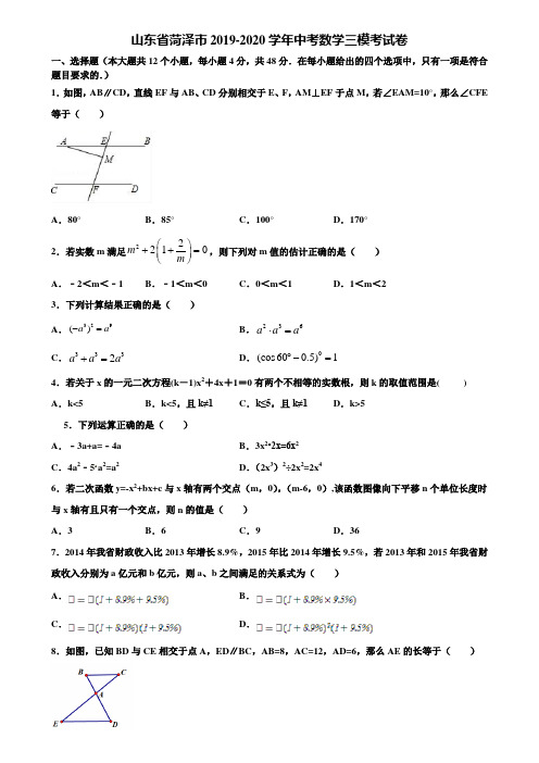 山东省菏泽市2019-2020学年中考数学三模考试卷含解析