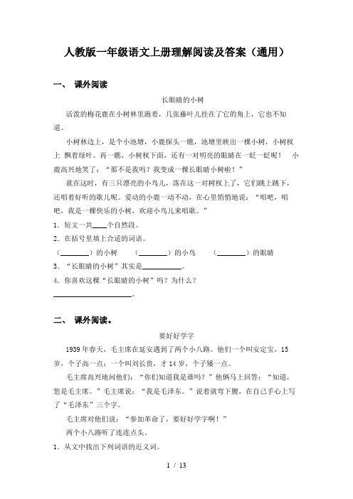 人教版一年级语文上册理解阅读及答案(通用)