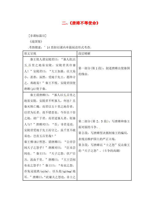 贵州省2020中考语文第一部分教材知识梳理九上二《唐雎不辱使命》复习素材(通用)