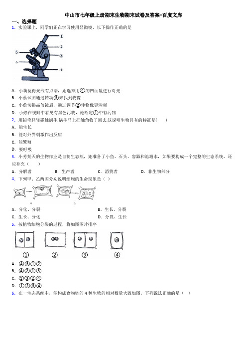 中山市七年级上册期末生物期末试卷及答案-百度文库