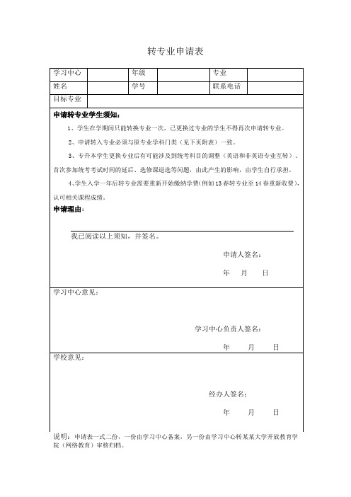转专业申请表