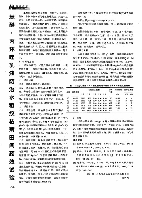 苯醚·丙环唑乳油防治水稻纹枯病田间药效试验