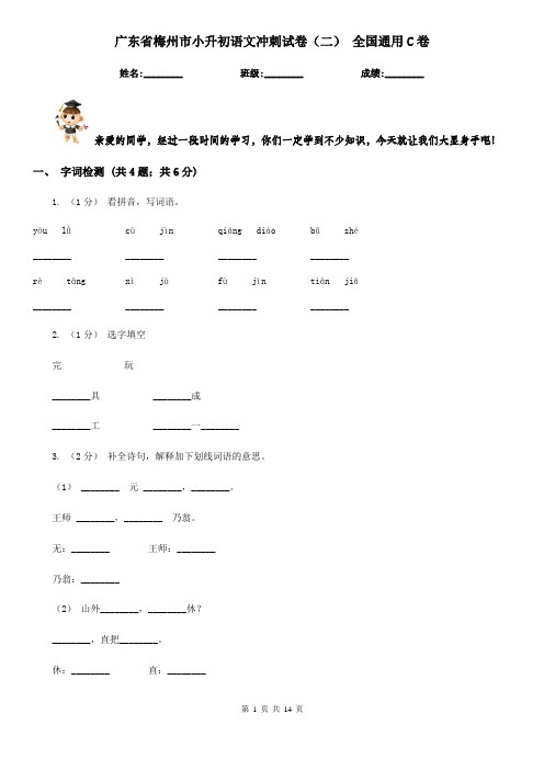 广东省梅州市小升初语文冲刺试卷(二) 全国通用C卷
