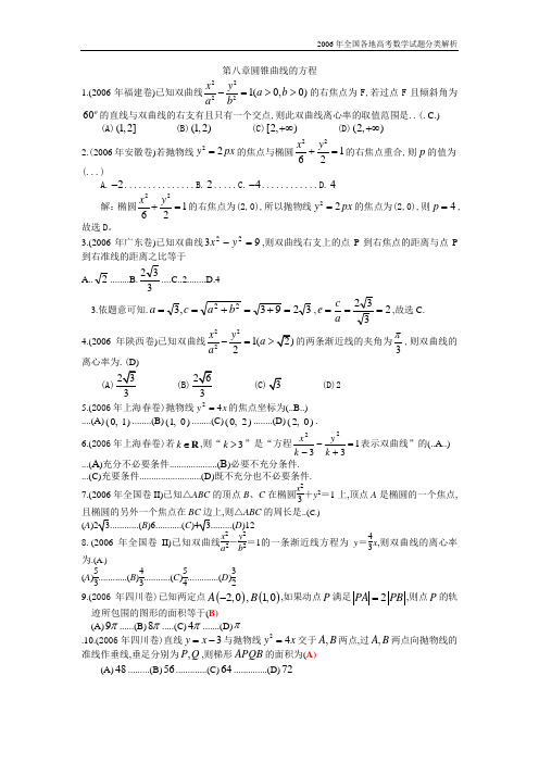 2006年全国各地高考数学试题08--第八章圆锥曲线的方程