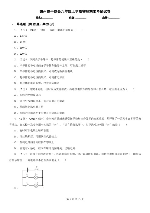 德州市平原县九年级上学期物理期末考试试卷