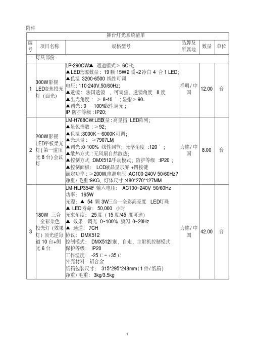 舞台灯光清单