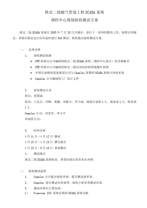 陕京二线输气管道工程SCADA系统调控中心中心验收方案