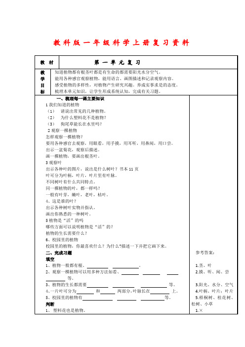 1教科版小学科学一年级上册：期末总复习资料+期末试卷精品资料