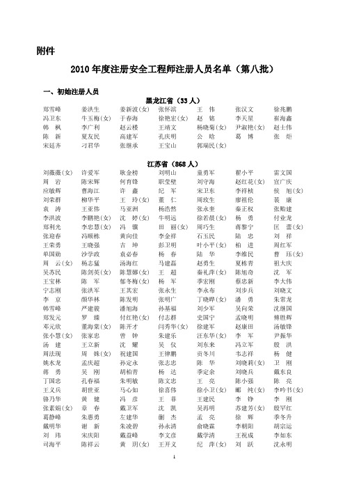 2010年度注册安全工程师注册人员名单(第八批)