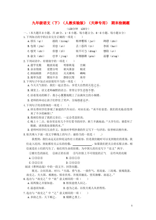 (天津专用)九年级语文下学期期末检测题 新人教版