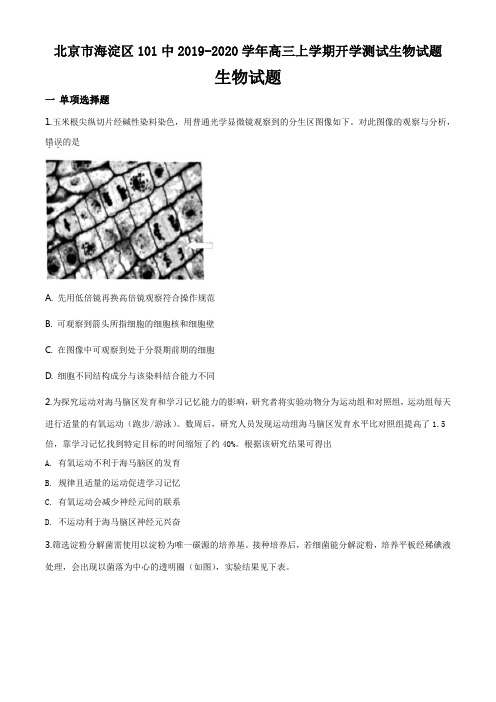 北京市海淀区101中2019-2020学年高三上学期开学测试生物试题(13页)