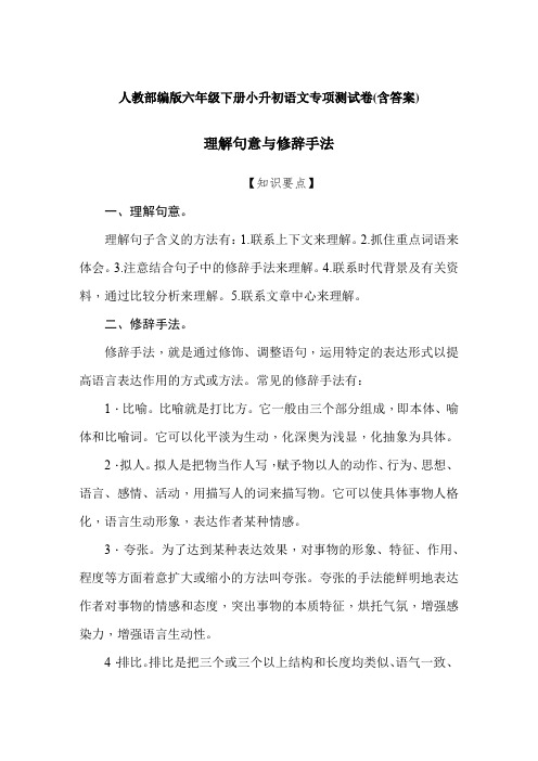 人教部编版六年级下册小升初语文专项试题-理解句意与修辞手法 测试卷(含答案)【精品】