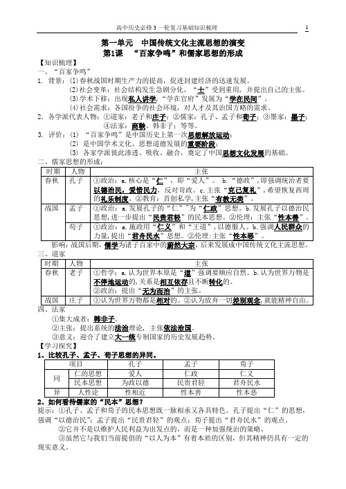 高中历史必修3一轮复习基础知识梳理答案