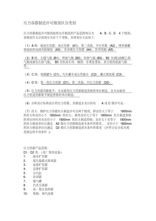压力容器制造许可级别区分类别