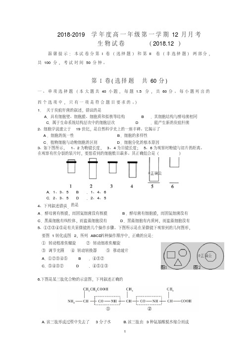 天津市2018-2019学年高一上学期12月联考生物试卷Word版含答案