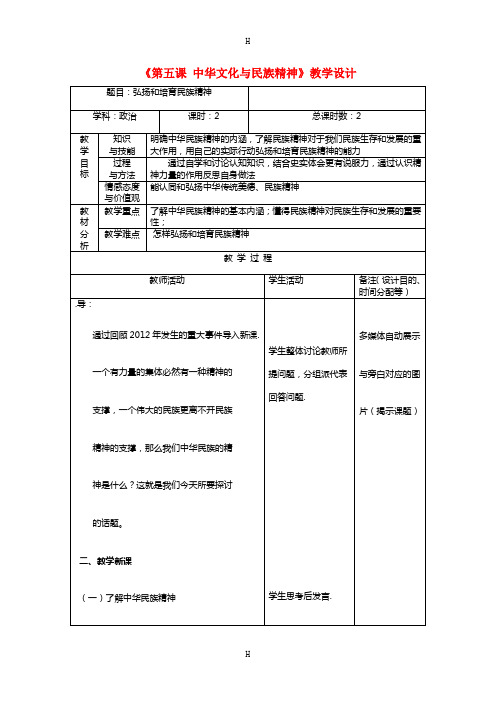 中学九年级政治全册《第五课 中华文化与民族精神》教案2 新人教版