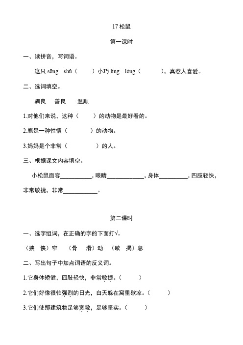 部编版五年级语文上册第17课《松鼠》课后作业练习题附答案