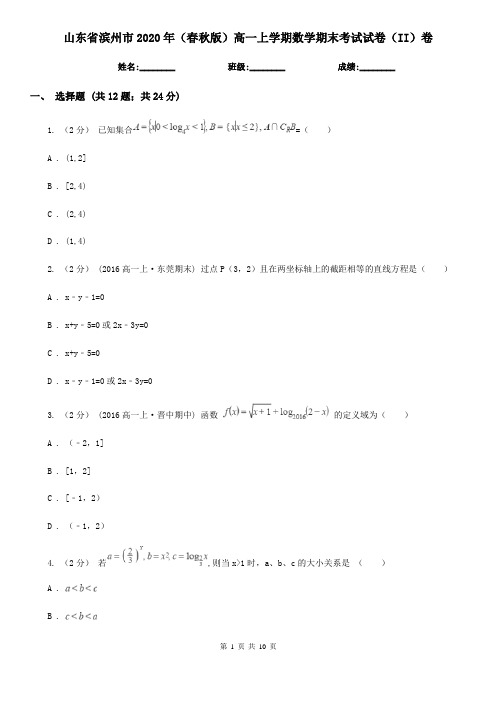山东省滨州市2020年(春秋版)高一上学期数学期末考试试卷(II)卷