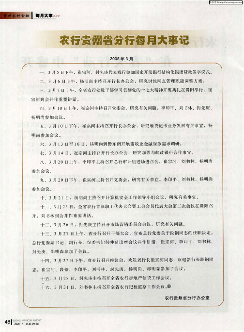 农行贵州省分行每月大事记2008年3月