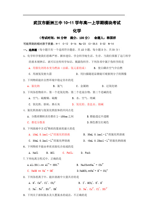 武汉市新洲三中10-11学年高一上学期模块考试 必修1