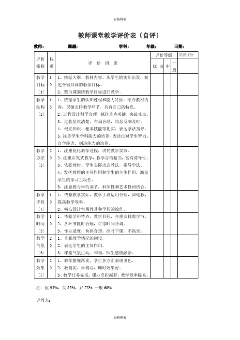教师课堂教学评价表〔自评〕(2023版)