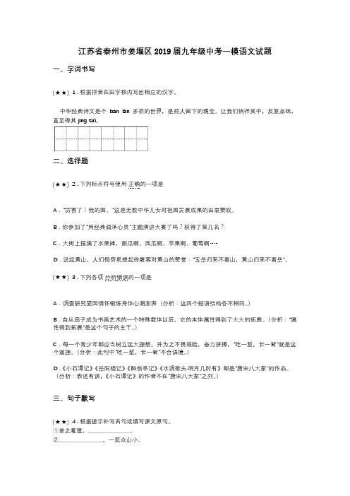 江苏省泰州市姜堰区2019届九年级中考一模语文试题