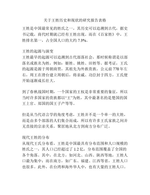 关于王姓历史和现状的研究报告表格