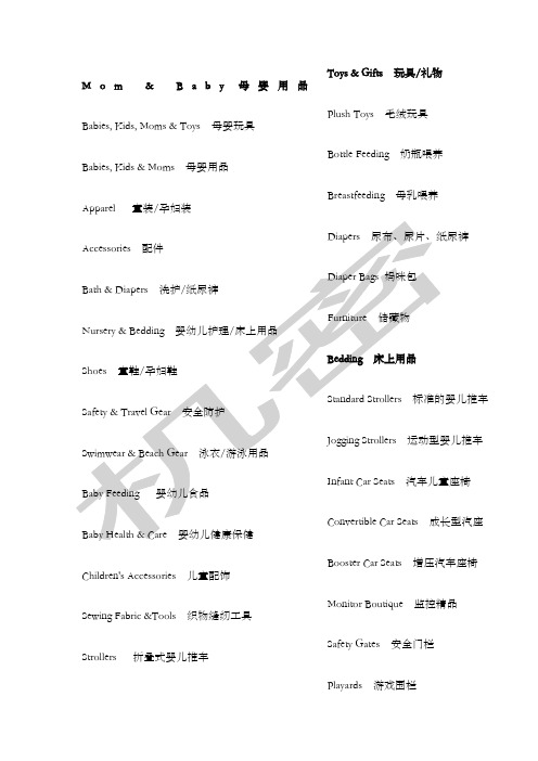 电商网站产品类目中英对照