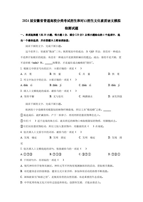 2024届安徽省普通高校分类考试招生和对口招生文化素质语文模拟检测试题(含答案)