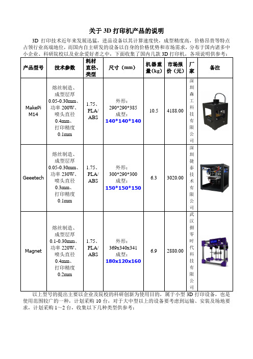 3D打印机型号及参数