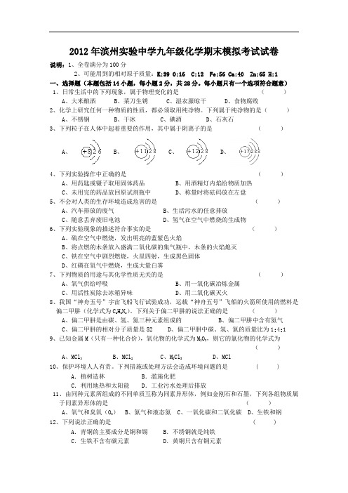 [初中化学]2012年山东省滨州市滨州实验中学九年级化学期末模拟考试试卷 通用