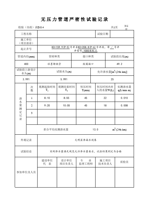 市政排水管道闭水试验记录(超详细自动计算表格)