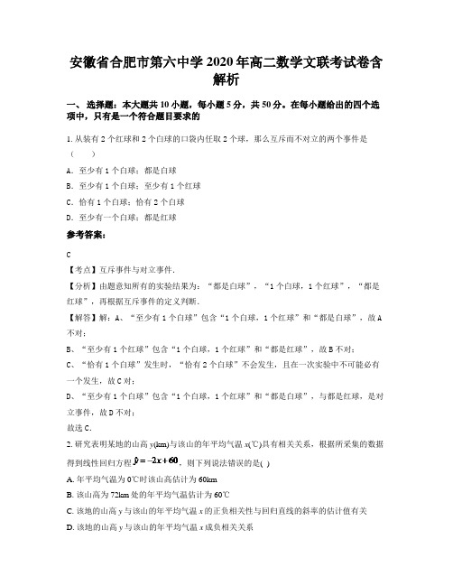 安徽省合肥市第六中学2020年高二数学文联考试卷含解析