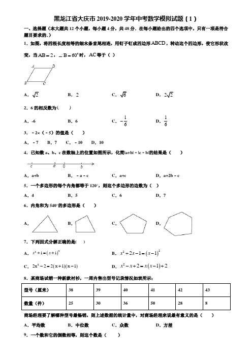 黑龙江省大庆市2019-2020学年中考数学模拟试题(1)含解析