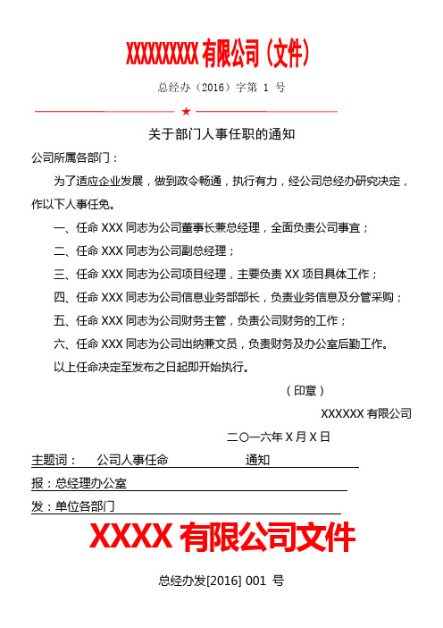 最新公司人事任命及岗位工作职责责任红头文件