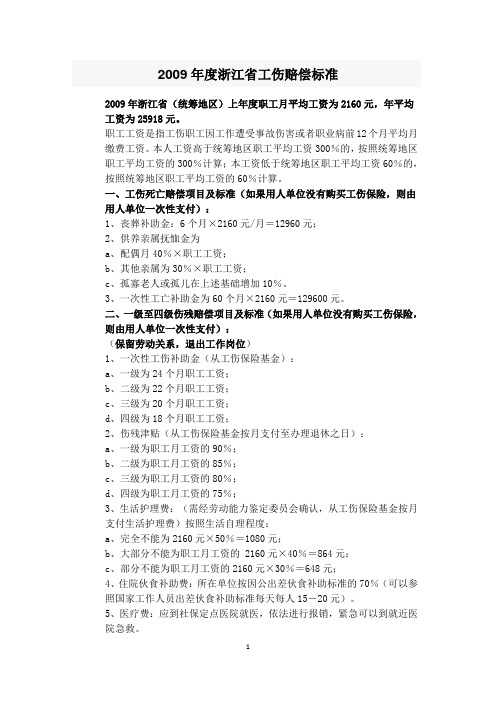 2009年度浙江省工伤赔偿标准