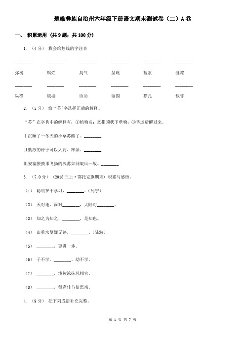 楚雄彝族自治州六年级下册语文期末测试卷(二)A卷