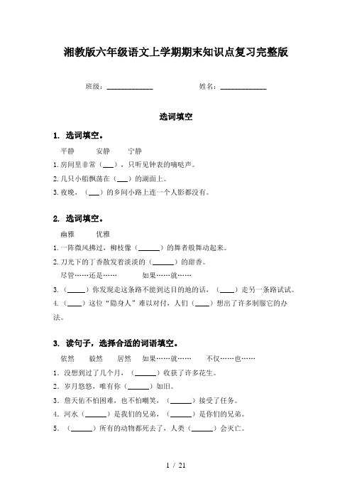 湘教版六年级语文上学期期末知识点复习完整版