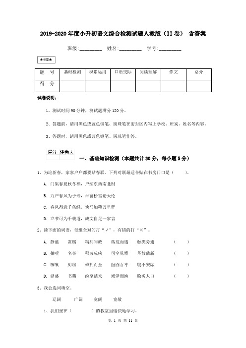 2019-2020年度小升初语文综合检测试题人教版(II卷) 含答案
