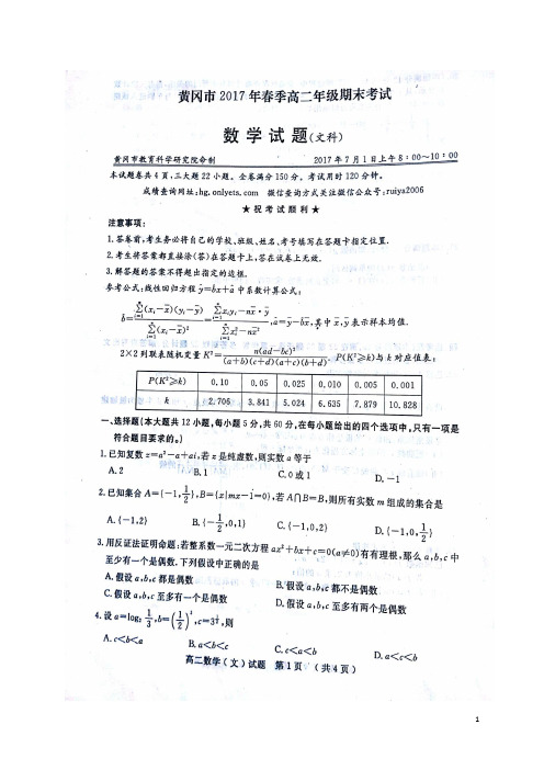 湖北省黄冈市高二数学下学期期末考试试题 文(扫描版)