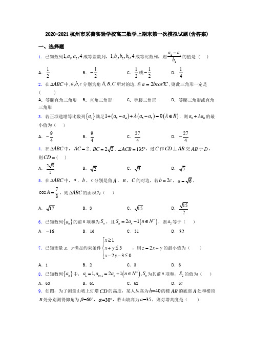 2020-2021杭州市采荷实验学校高三数学上期末第一次模拟试题(含答案)