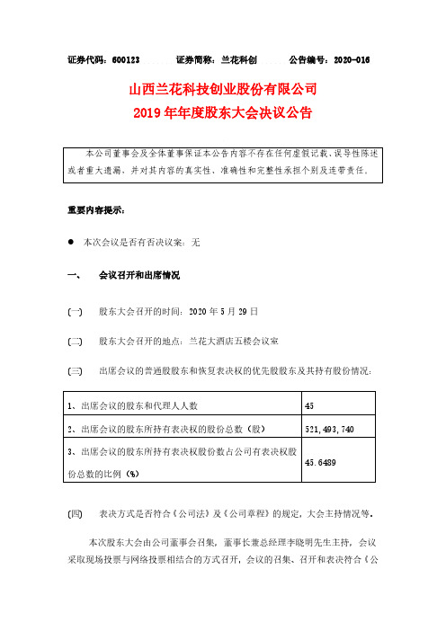 兰花科创：2019年年度股东大会决议公告