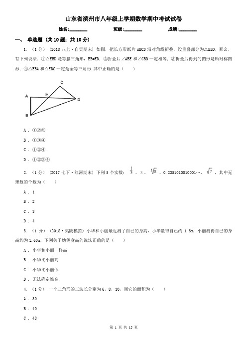 山东省滨州市八年级上学期数学期中考试试卷