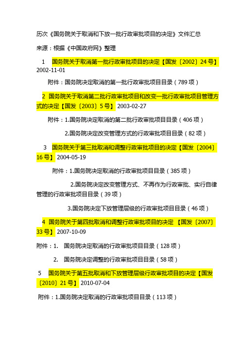 历次《国务院关于取消和下放一批行政审批项目的决定》文件汇总